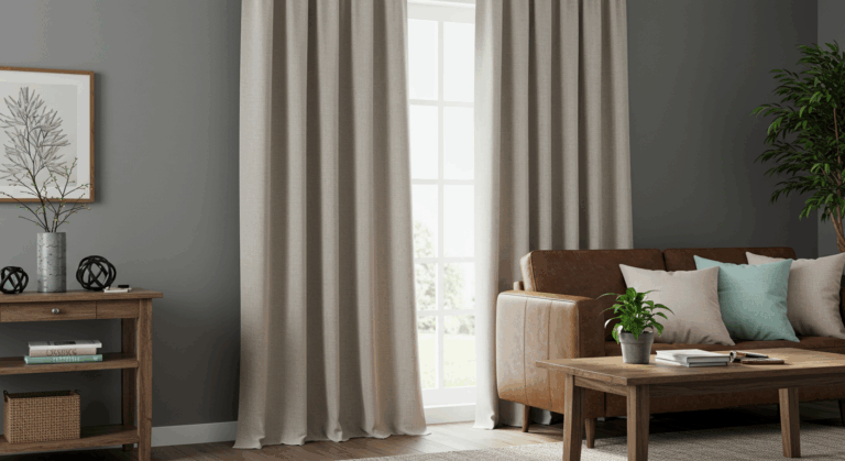 Jakie zasłony do szarych ścian i brązowych mebli?