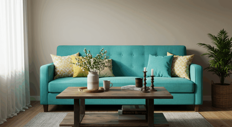 Jakie zasłony do turkusowej kanapy?
