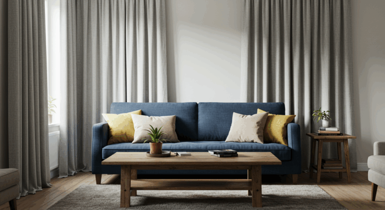 Jakie zasłony do granatowej kanapy?